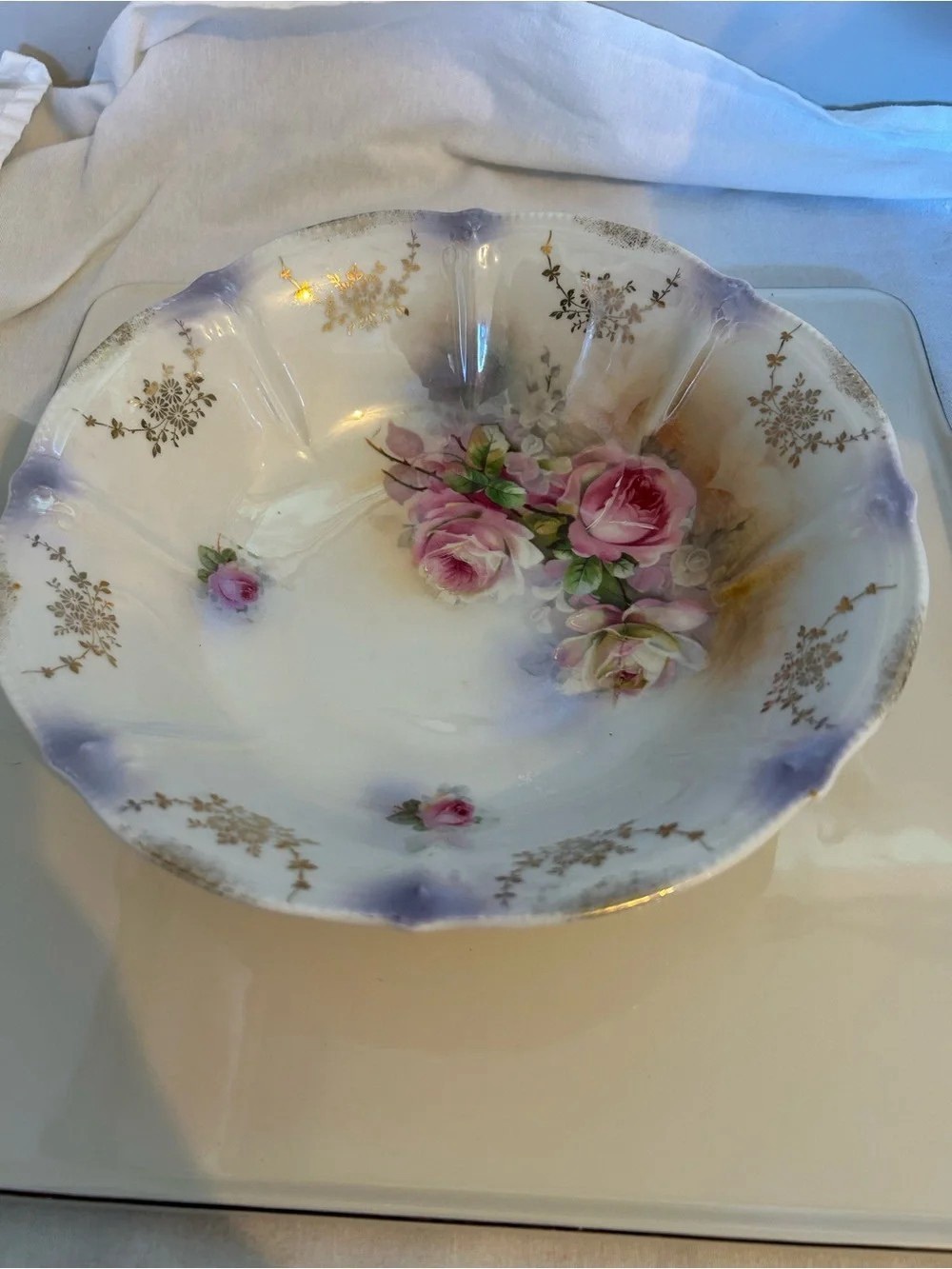 Vintage Floral Porcelain Serving Bowl in White and Pink